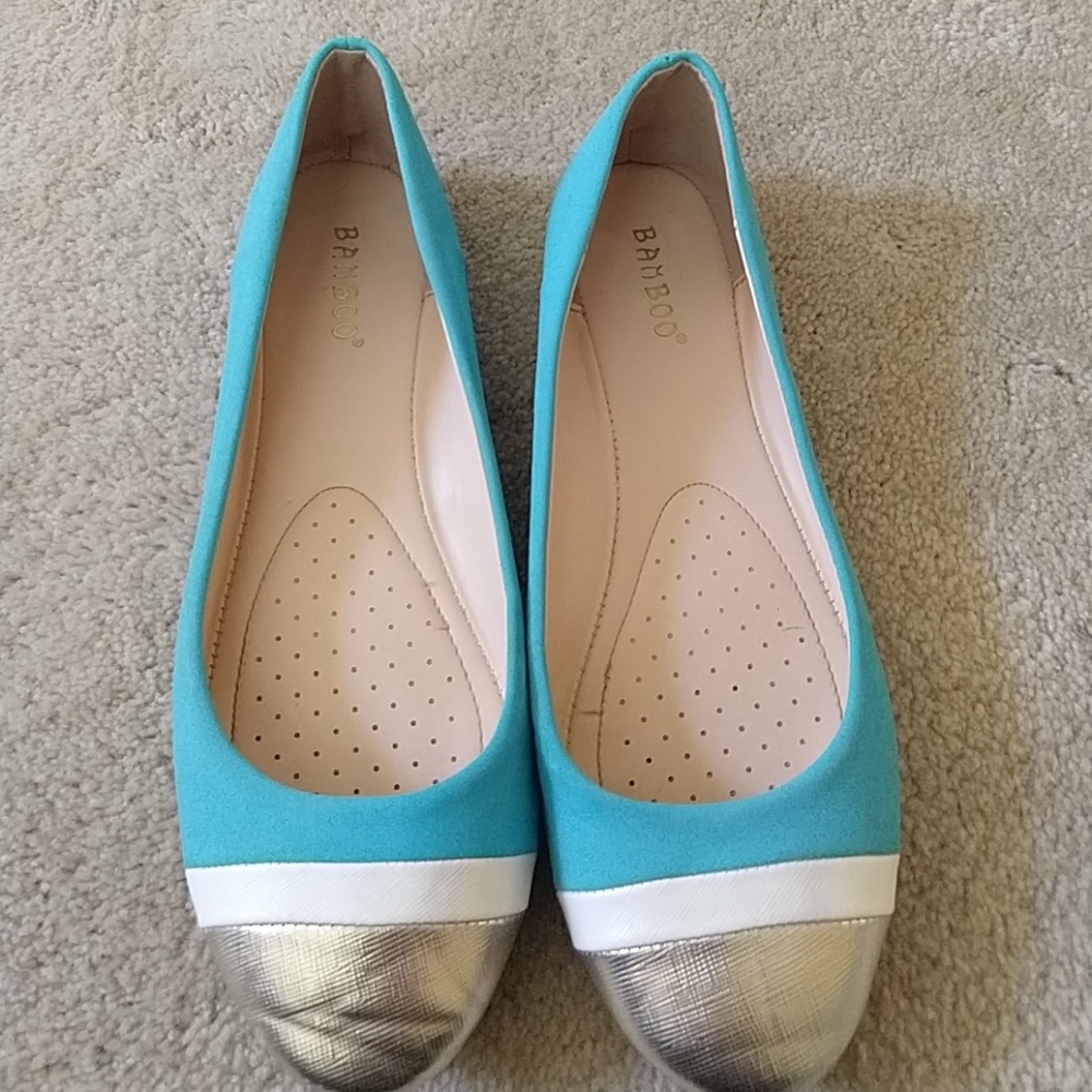 Blue, gold toed flats. Size 9